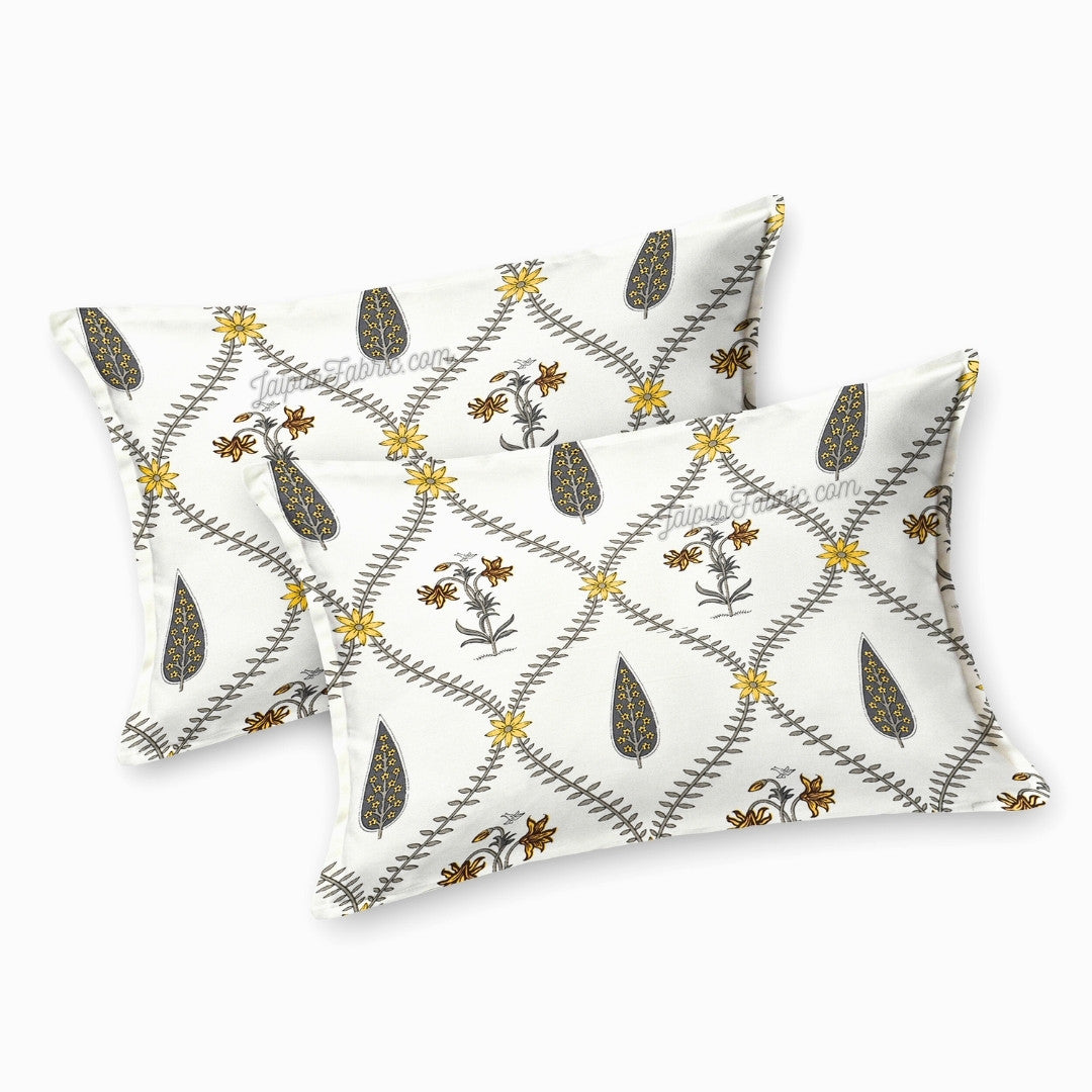 Beautiful Yellow & Grey Pookalam Floral Symphony Rihaa Handblock Printed King Size Bedsheet